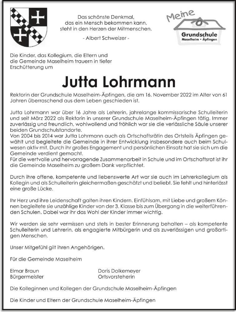  Traueranzeige für Jutta Lohrmann vom 03.12.2022 aus Schwäbische Zeitung