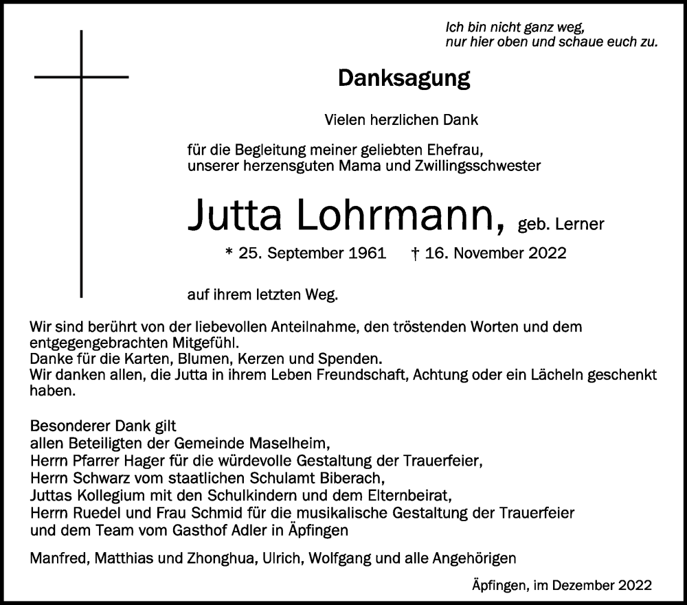  Traueranzeige für Jutta Lohrmann vom 17.12.2022 aus Schwäbische Zeitung