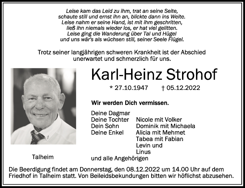  Traueranzeige für Karl-Heinz Strohof vom 07.12.2022 aus Schwäbische Zeitung