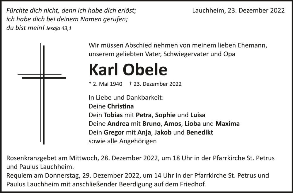  Traueranzeige für Karl Obele vom 28.12.2022 aus Schwäbische Zeitung