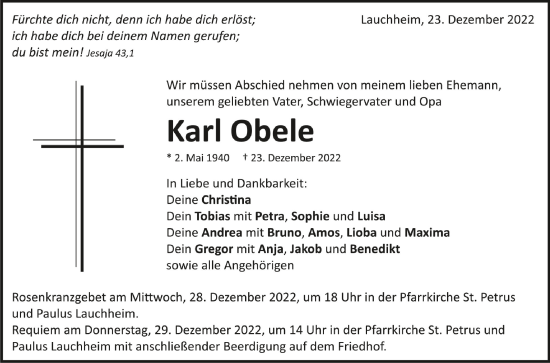 Anzeige von Karl Obele von Schwäbische Zeitung