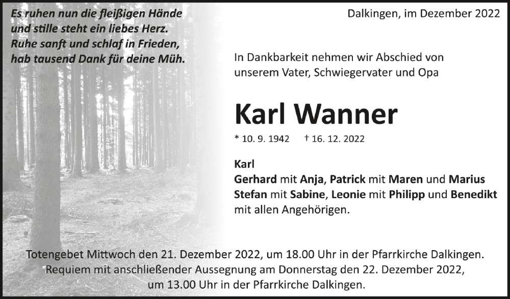  Traueranzeige für Karl Wanner vom 20.12.2022 aus Schwäbische Zeitung