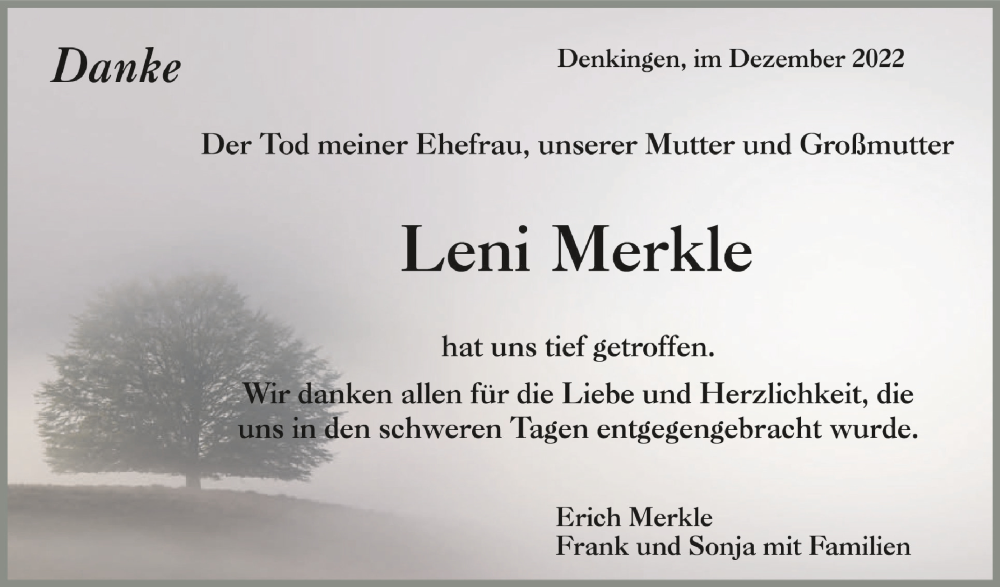  Traueranzeige für Leni Merkle vom 17.12.2022 aus Schwäbische Zeitung