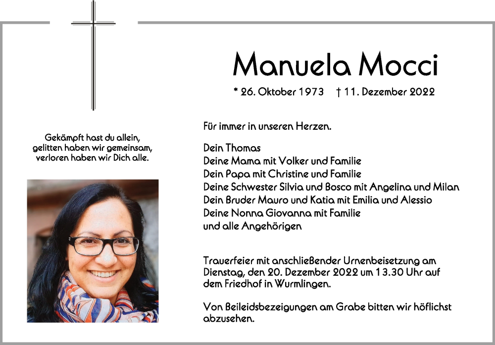  Traueranzeige für Manuela Mocci vom 16.12.2022 aus Schwäbische Zeitung