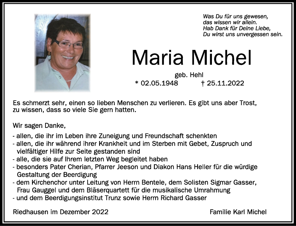  Traueranzeige für Maria Michel vom 10.12.2022 aus Schwäbische Zeitung