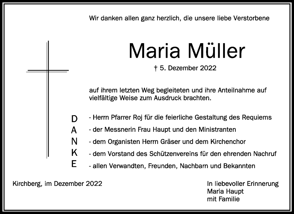  Traueranzeige für Maria Müller vom 17.12.2022 aus Schwäbische Zeitung