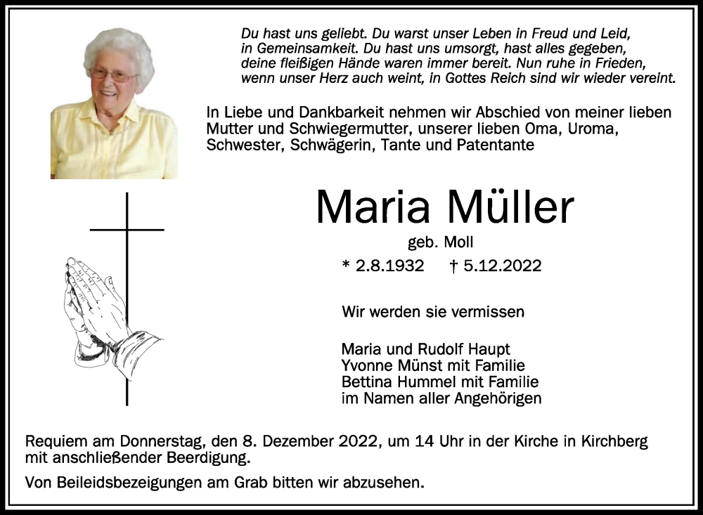  Traueranzeige für Maria Müller vom 07.12.2022 aus Schwäbische Zeitung