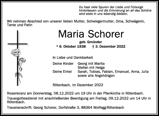 Anzeige von Maria Schorer von Schwäbische Zeitung