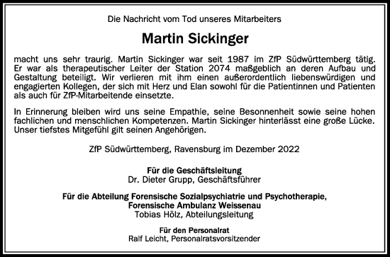 Anzeige von Martin Sickinger von Schwäbische Zeitung