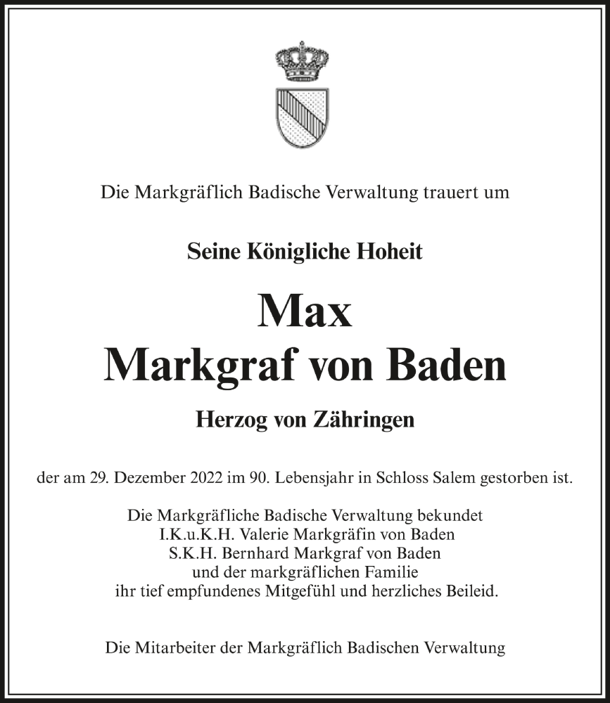  Traueranzeige für Max Markgraf von Baden vom 31.12.2022 aus Schwäbische Zeitung