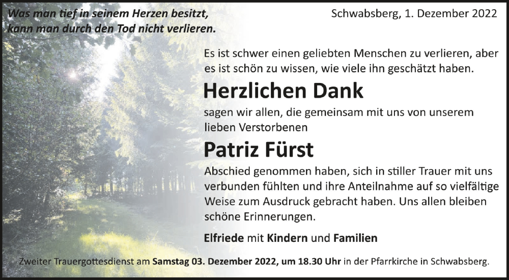  Traueranzeige für Patriz Fürst vom 01.12.2022 aus Schwäbische Zeitung