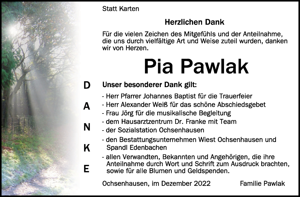  Traueranzeige für Pia Pawlak vom 10.12.2022 aus Schwäbische Zeitung