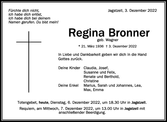 Anzeige von Regina Bronner von Schwäbische Zeitung