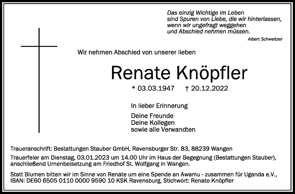  Traueranzeige für Renate Knöpfler vom 31.12.2022 aus Schwäbische Zeitung