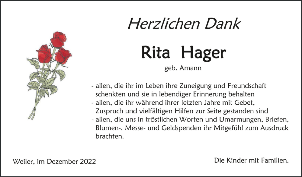  Traueranzeige für Rita Hager vom 23.12.2022 aus Schwäbische Zeitung
