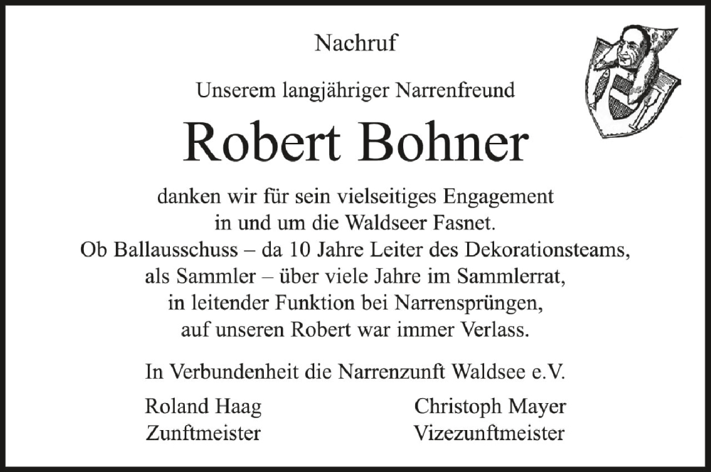  Traueranzeige für Robert Bohner vom 09.12.2022 aus Schwäbische Zeitung