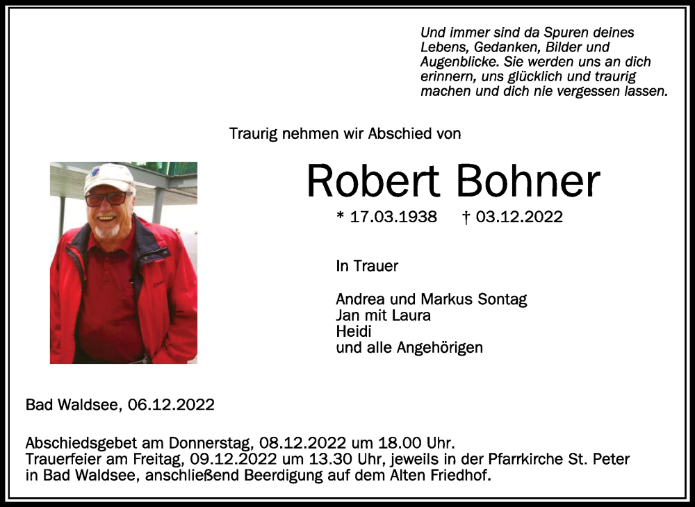  Traueranzeige für Robert Bohner vom 06.12.2022 aus Schwäbische Zeitung