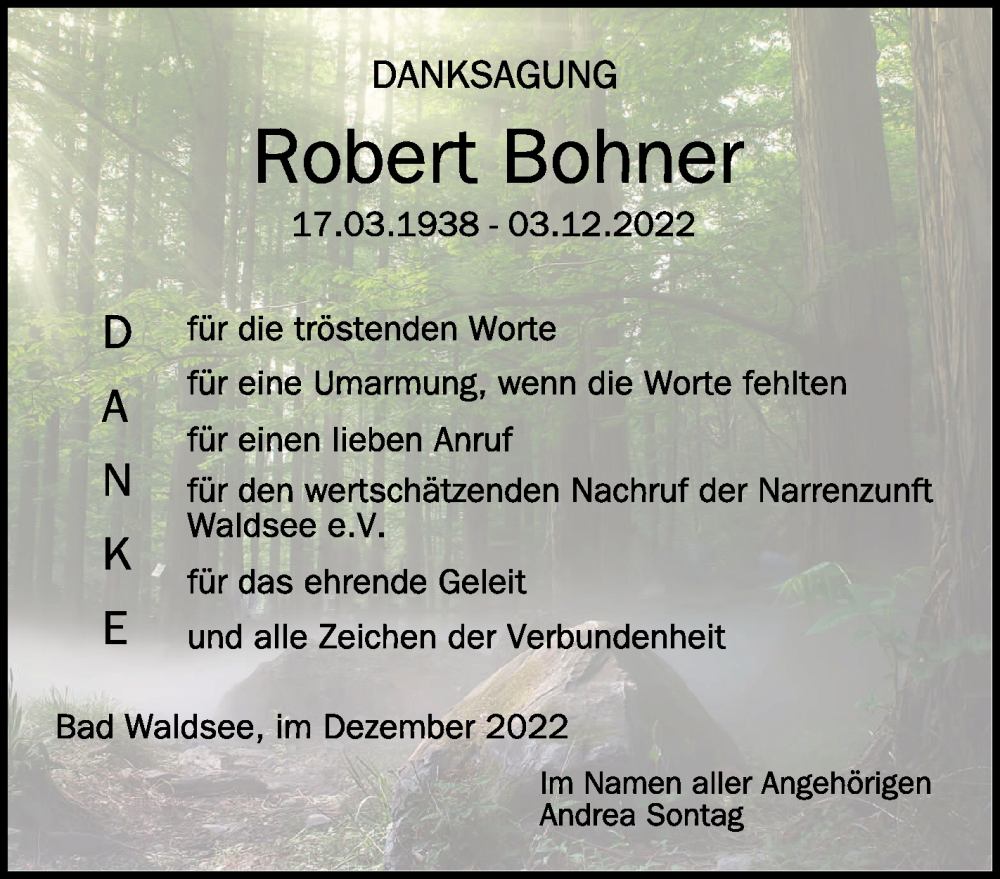  Traueranzeige für Robert Bohner vom 24.12.2022 aus Schwäbische Zeitung