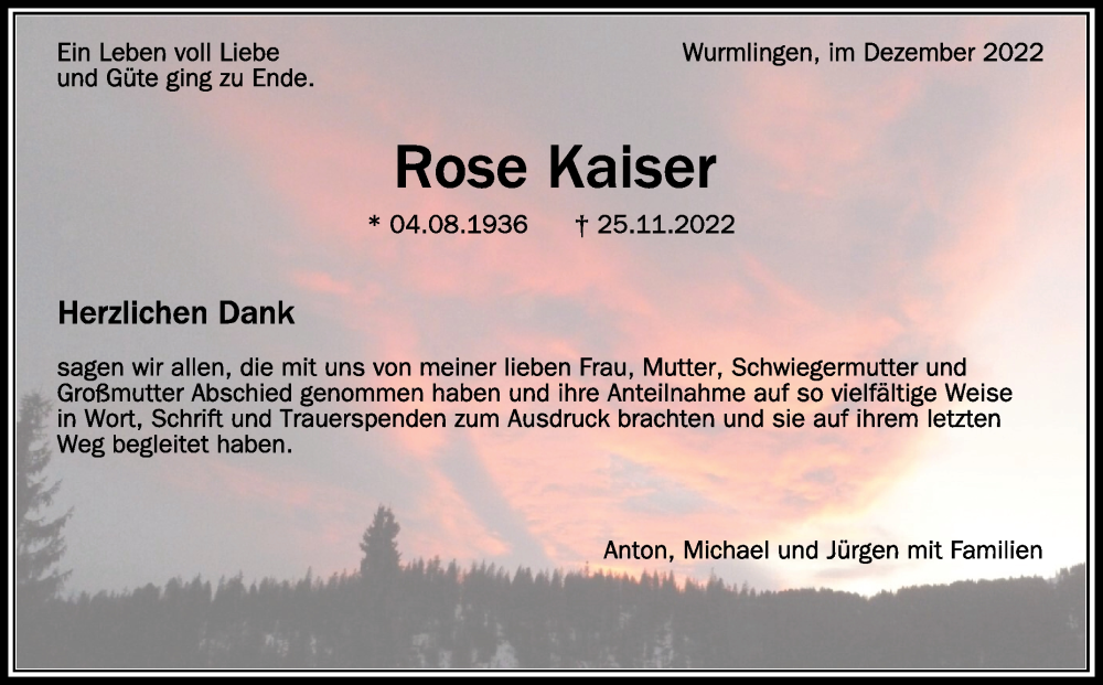  Traueranzeige für Rose Kaiser vom 13.12.2022 aus Schwäbische Zeitung