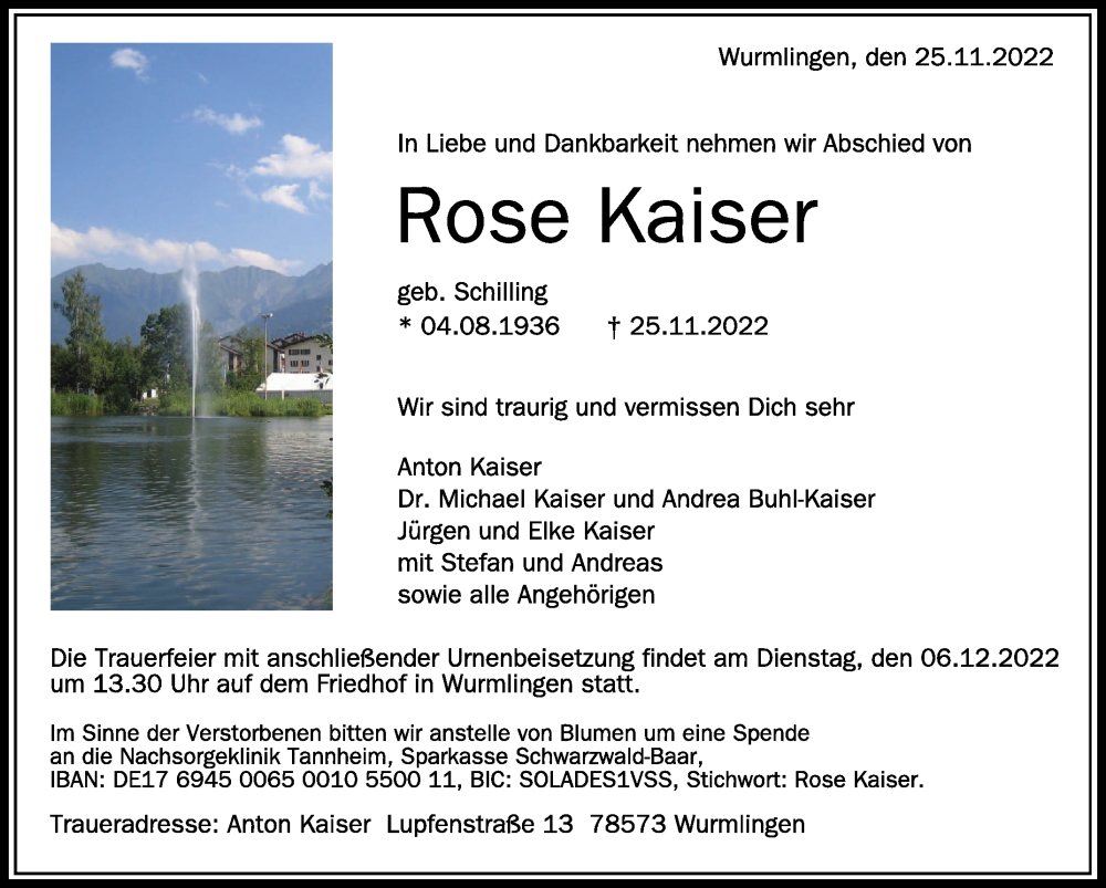  Traueranzeige für Rose Kaiser vom 01.12.2022 aus Schwäbische Zeitung