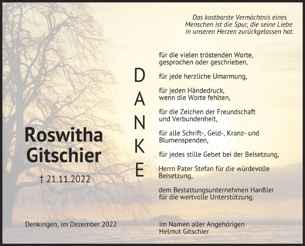  Traueranzeige für Roswitha Gitschier vom 03.12.2022 aus Schwäbische Zeitung