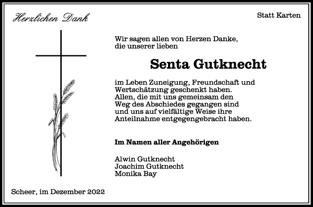 Traueranzeige für Senta Gutknecht vom 10.12.2022 aus Schwäbische Zeitung