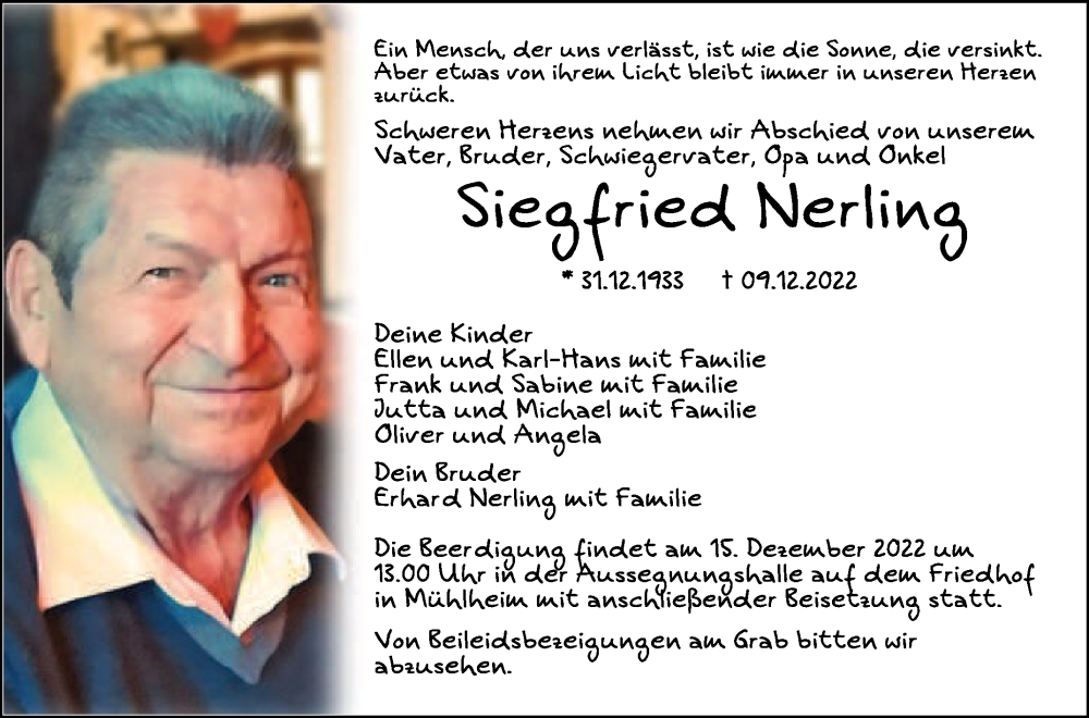  Traueranzeige für Siegfried Nerling vom 12.12.2022 aus Schwäbische Zeitung