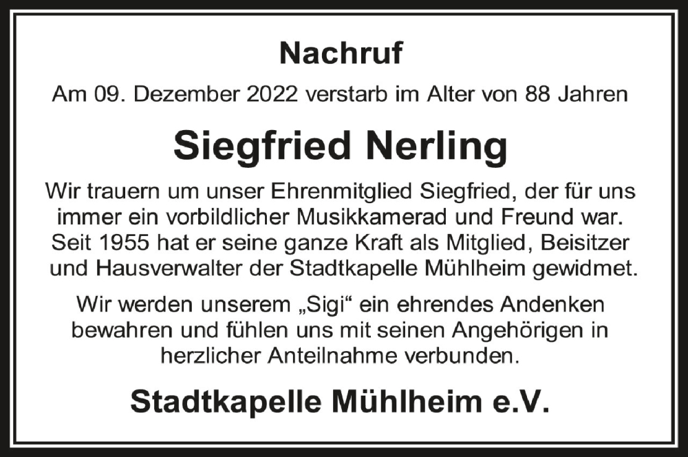  Traueranzeige für Siegfried Nerling vom 14.12.2022 aus Schwäbische Zeitung