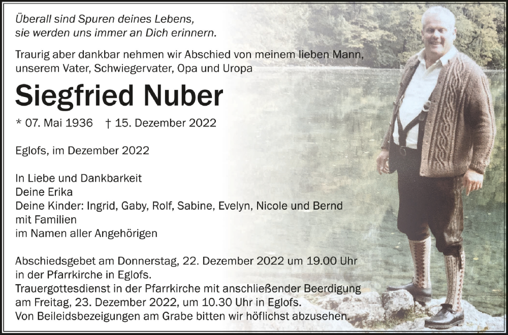  Traueranzeige für Siegfried Nuber vom 21.12.2022 aus Schwäbische Zeitung