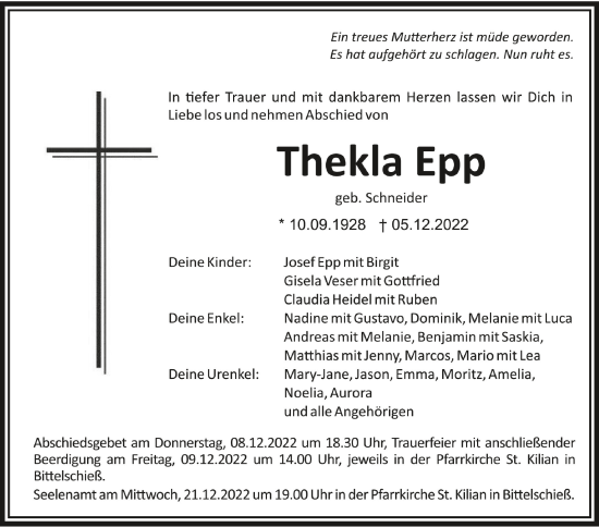 Anzeige von Thekla Epp von Schwäbische Zeitung