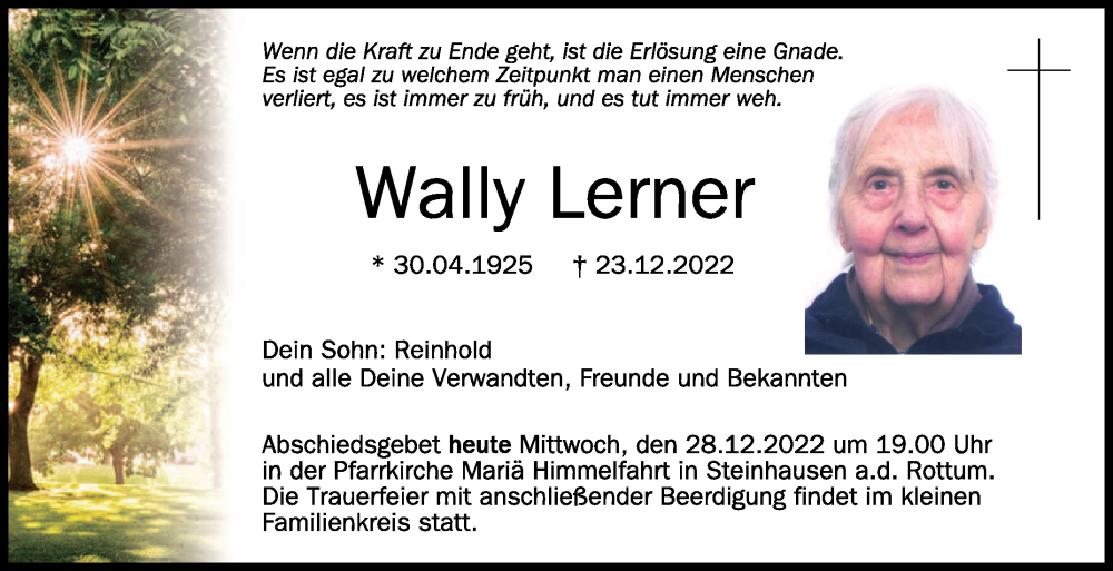  Traueranzeige für Wally Lerner vom 28.12.2022 aus Schwäbische Zeitung