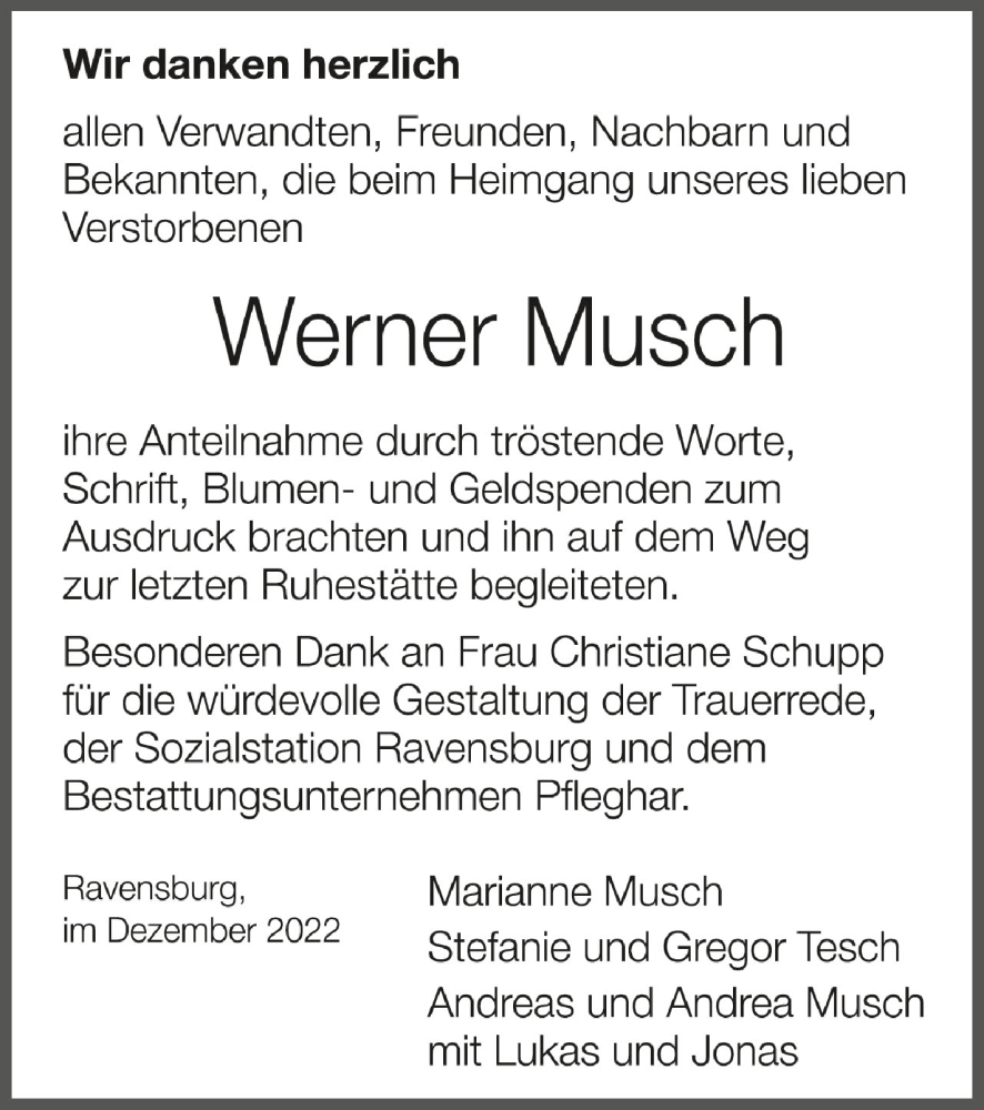  Traueranzeige für Werner Musch vom 16.12.2022 aus Schwäbische Zeitung