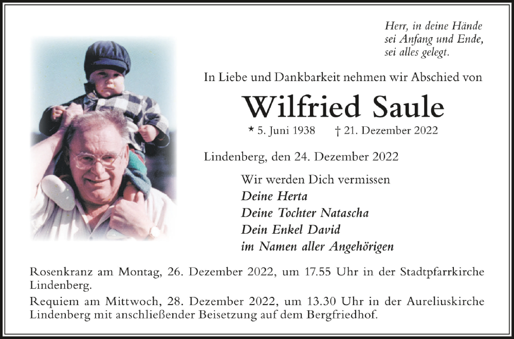  Traueranzeige für Wilfried Saule vom 24.12.2022 aus Schwäbische Zeitung