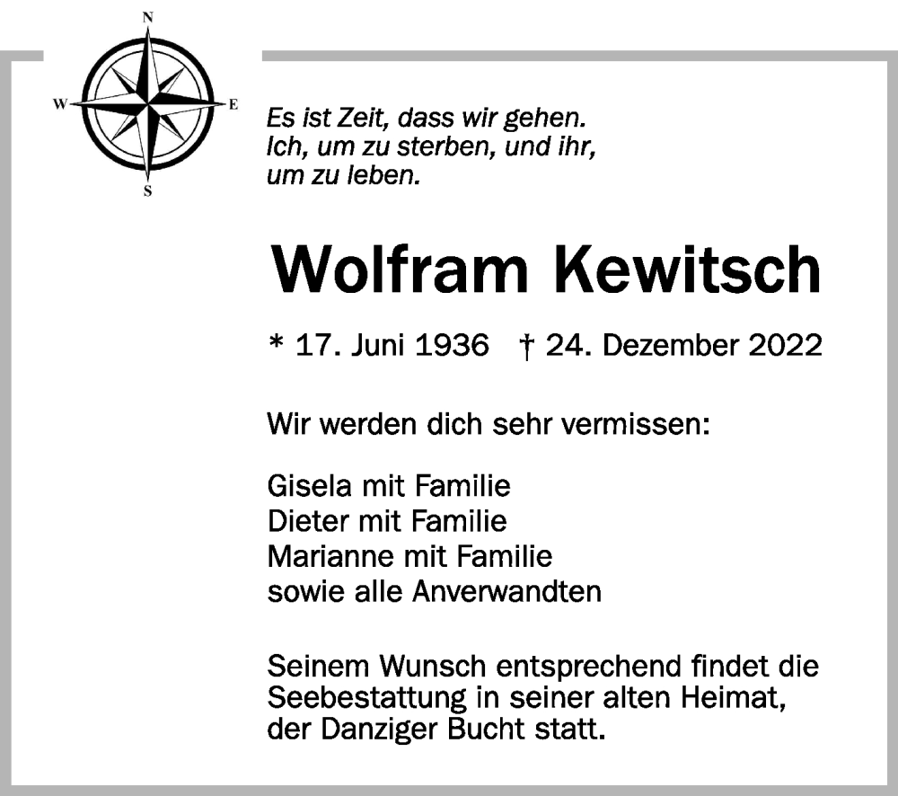  Traueranzeige für Wolfram Kewitsch vom 28.12.2022 aus Schwäbische Zeitung