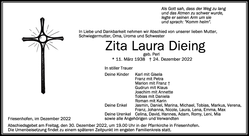  Traueranzeige für Zita Laura Dieing vom 29.12.2022 aus Schwäbische Zeitung