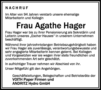 Anzeige von Agathe Hager von Schwäbische Zeitung