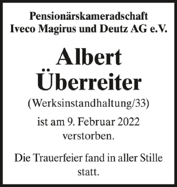 Anzeige von Albert Überreiter von Schwäbische Zeitung