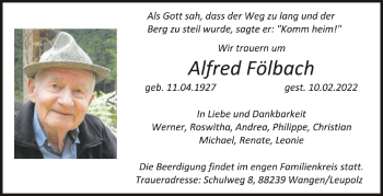 Anzeige von Alfred Fölbach von Schwäbische Zeitung