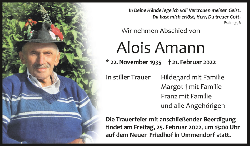  Traueranzeige für Alois Amann vom 23.02.2022 aus Schwäbische Zeitung