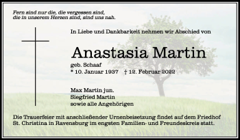 Anzeige von Anastasia Martin von Schwäbische Zeitung