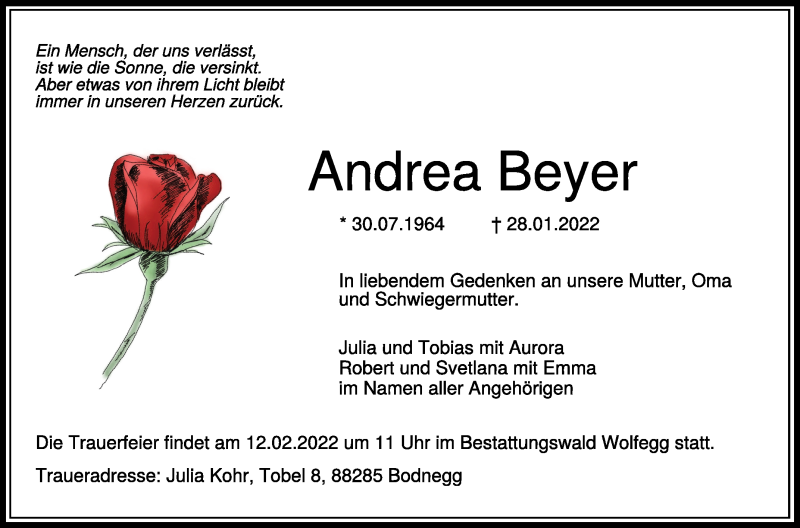  Traueranzeige für Andrea Beyer vom 10.02.2022 aus Schwäbische Zeitung
