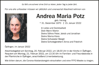 Anzeige von Andrea Maria Potz von Schwäbische Zeitung