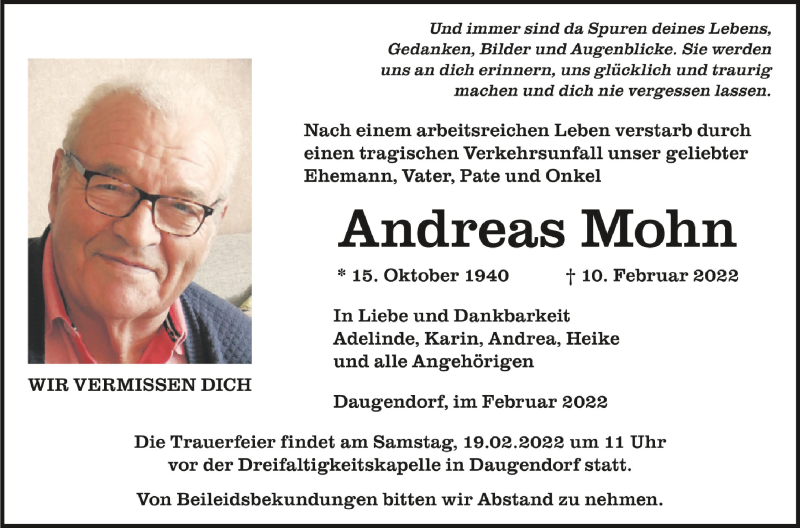  Traueranzeige für Andreas Mohn vom 16.02.2022 aus Schwäbische Zeitung