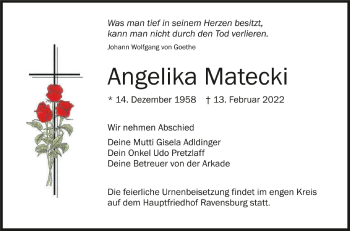 Anzeige von Angelika Matecki von Schwäbische Zeitung