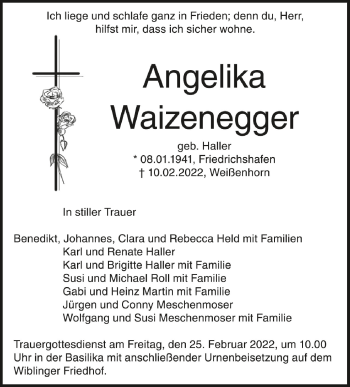 Anzeige von Angelika Waizenegger von Schwäbische Zeitung