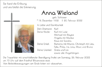 Anzeige von Anna Wieland von Schwäbische Zeitung