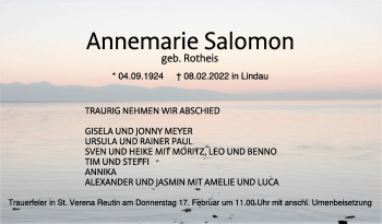 Anzeige von Annemarie Salomon von Schwäbische Zeitung