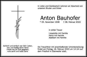 Anzeige von Anton Bauhofer von Schwäbische Zeitung