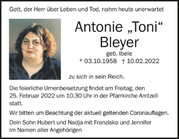 Anzeige von Antonie Bleyer von Schwäbische Zeitung