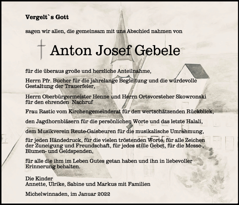 Traueranzeige für Anton Josef Gebele vom 03.02.2022 aus Schwäbische Zeitung